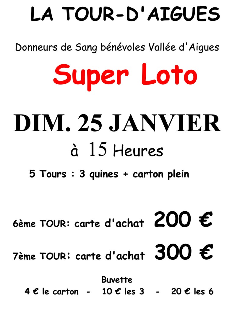 Loto des Donneurs de Sang bénévoles de la Vallée d’Aigues